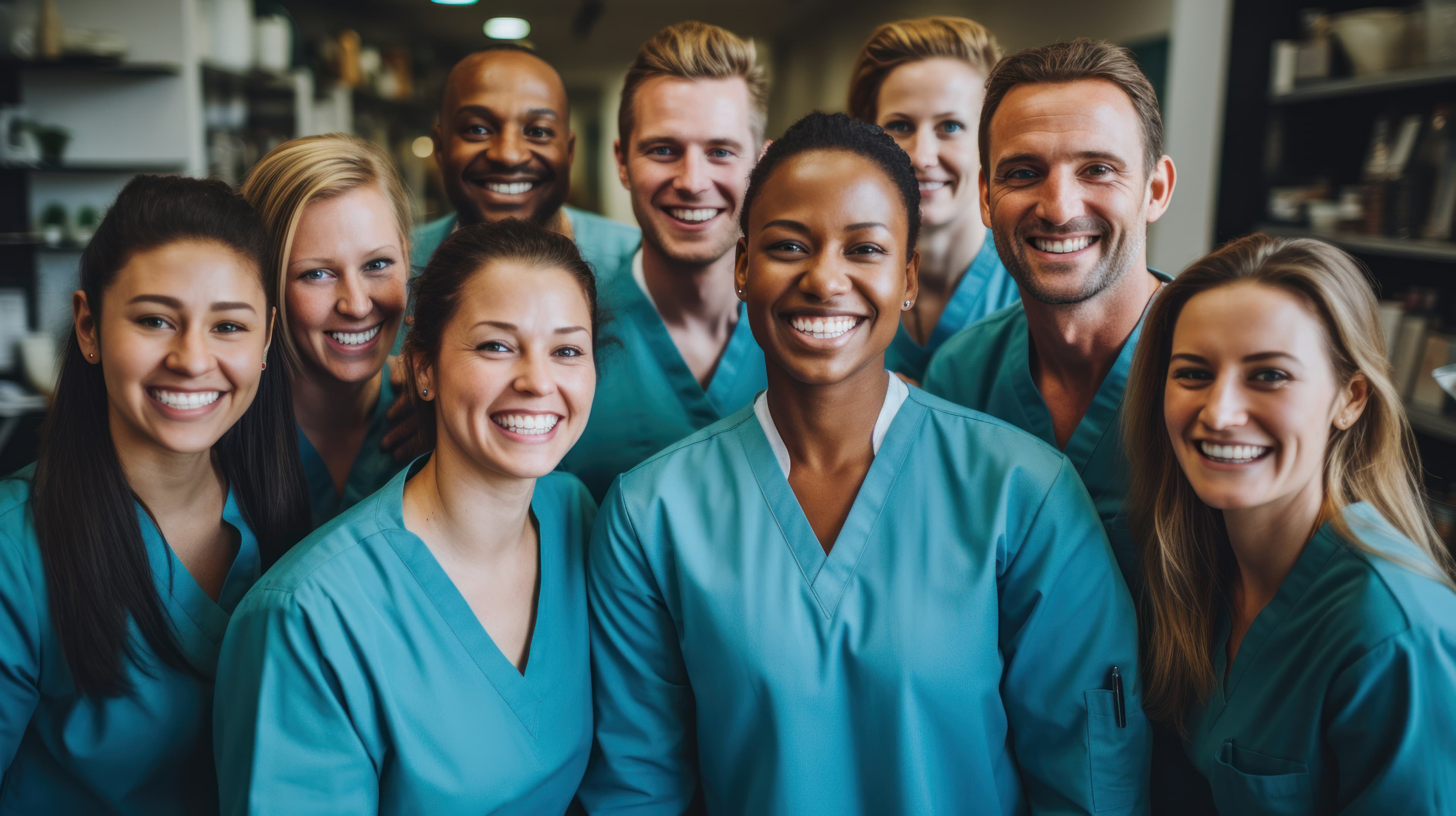 A diverse group of clinical nurses in teal scrubs smiling together — the kind of bedside team most organizations bring to a Magnet® self-assessment conversation.