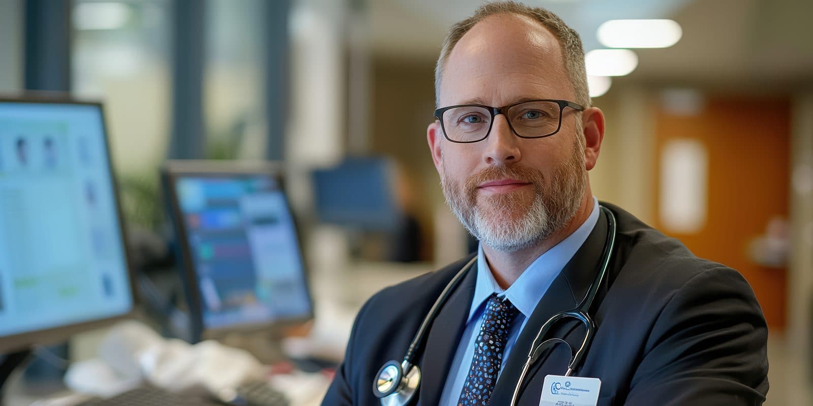 A nurse executive in glasses and a dark suit with a stethoscope at a clinical workstation — the kind of leader who decides an organization should pursue Magnet® designation.
