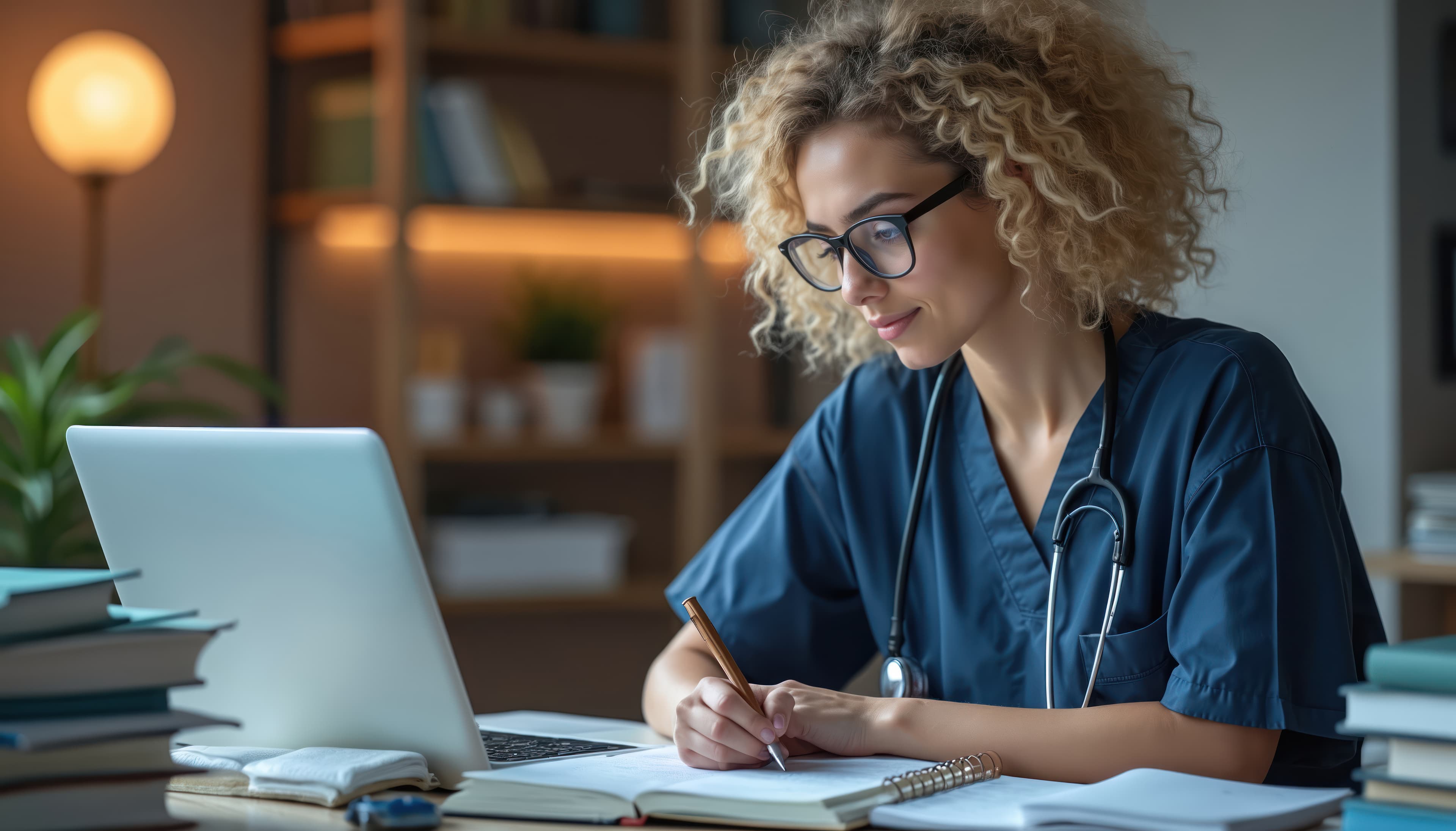 A nurse in navy scrubs and stethoscope studying at a desk, writing in a notebook beside an open laptop — the kind of evening reading that turns a clinical question into a QI, EBP, or research project.