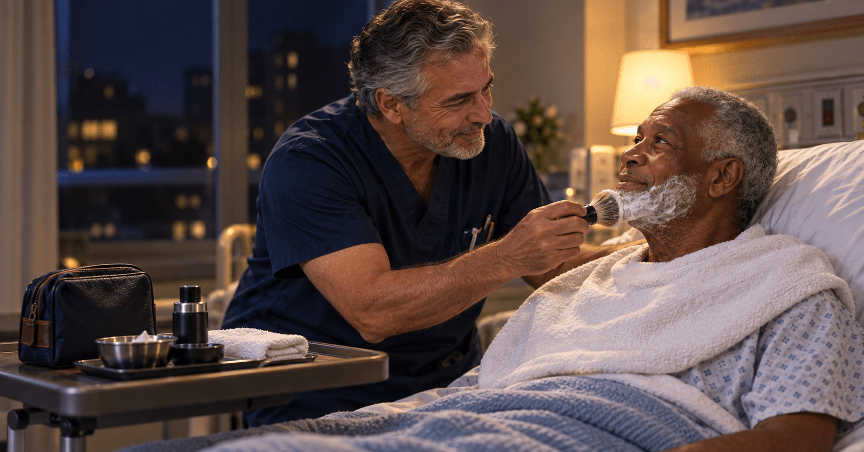 AI-generated illustration of an older nurse preparing a patient for a shave. The people shown are fictional.