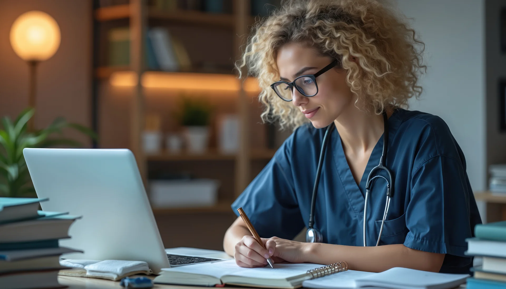 A healthcare professional writing beside a laptop