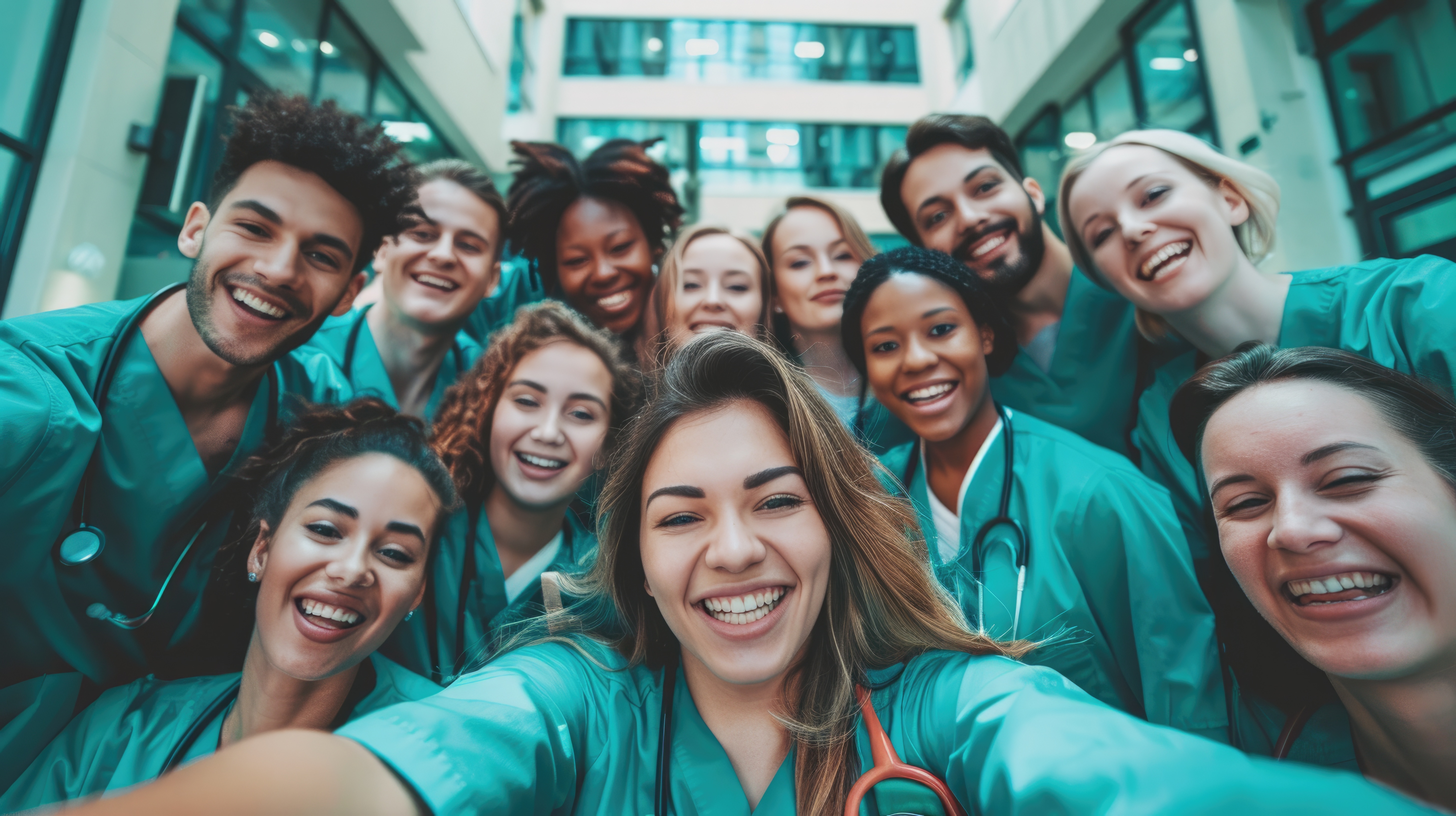 A group of nurses in teal scrubs taking a selfie together in a hospital atrium, smiling — Nurses Week celebration moment.